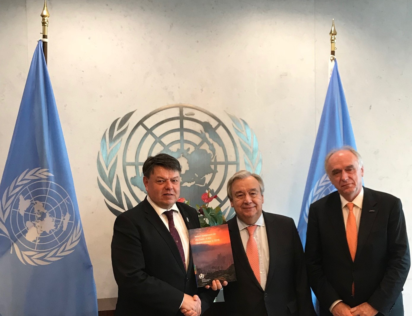 Photo of WMO Secretary General and its Chief Scientist meeting the UN Secretary-General